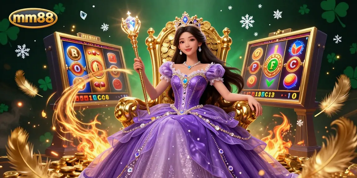 Engage with mm88's vibrant casino scene featuring a regal character with dynamic game elements.