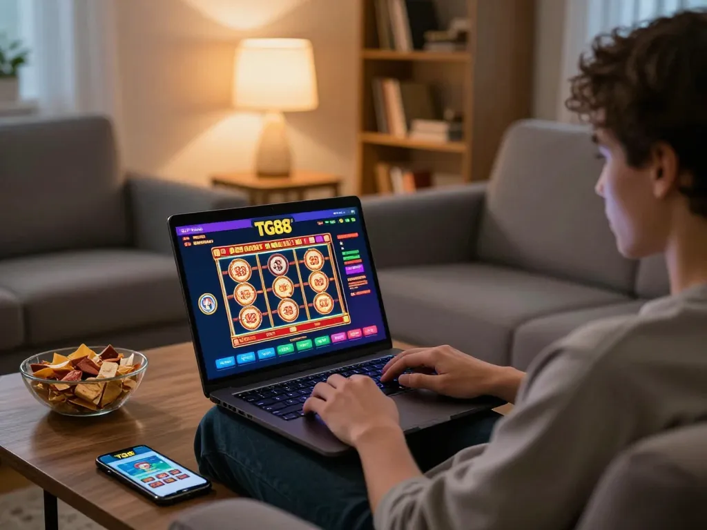 TG88 user engaging with online casino slots on a laptop, creating a cozy gaming atmosphere at home.