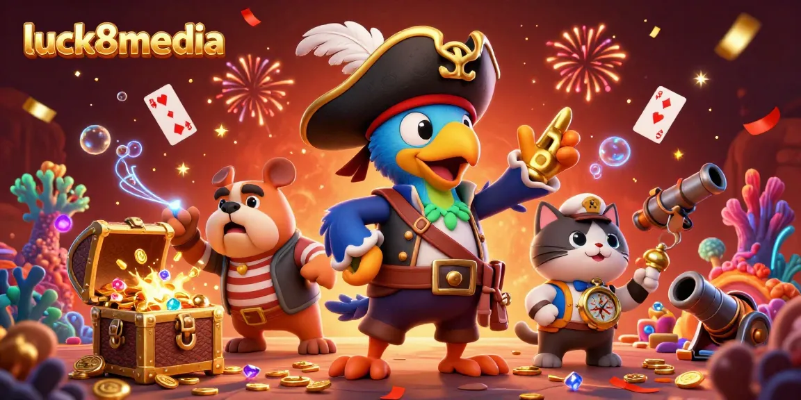 Engage with luck8media's thrilling casino adventures, featuring vibrant characters in an exciting 3D scene.