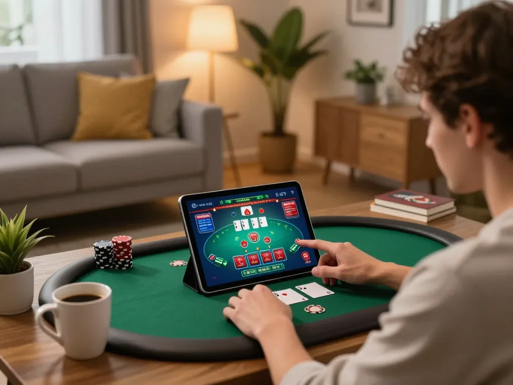 Luck8 player engaged in strategic poker betting at home environment with tablet interface.