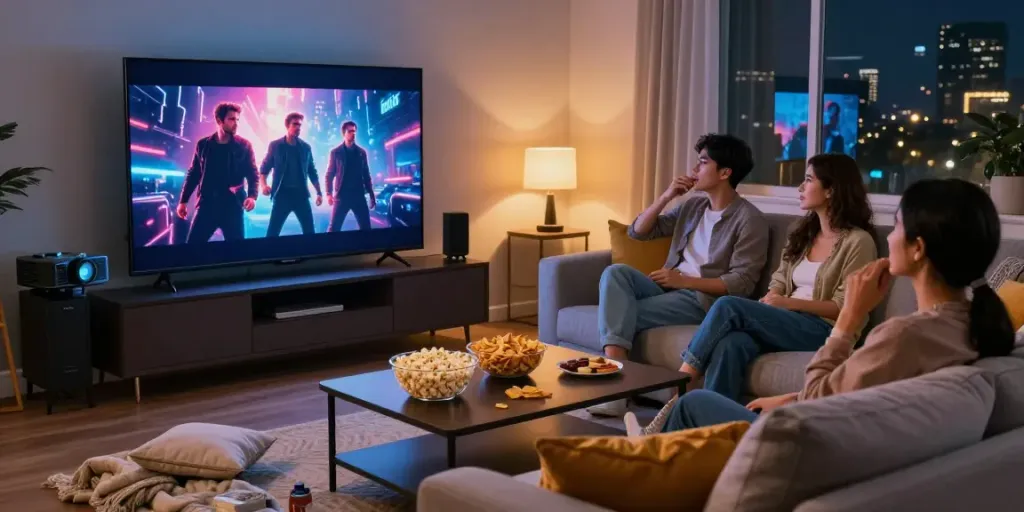 Group enjoying movie night with idlix on a large TV, cozy ambiance.