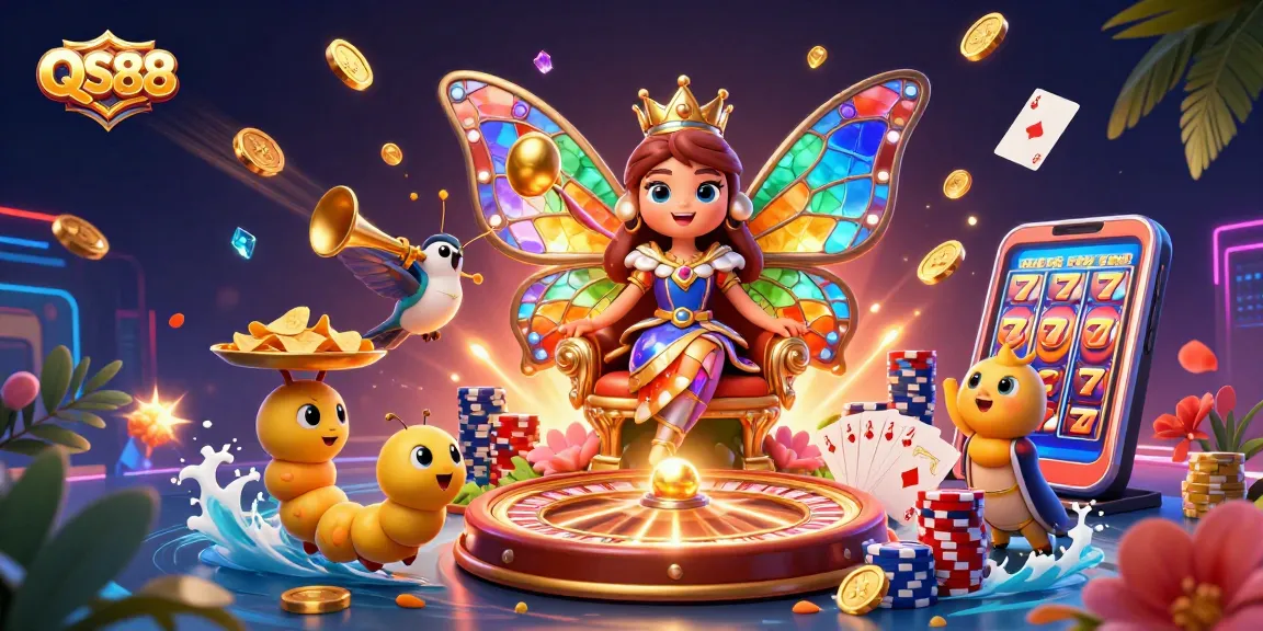 Experience thrilling gameplay with QS88's vibrant casino illustration featuring a butterfly queen and chips.