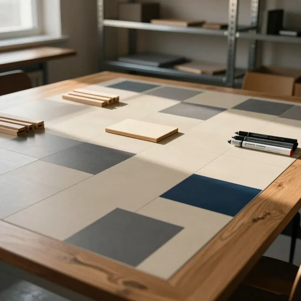 Strategy workshop tiles and markers arranged on an oak surface in soft studio light.