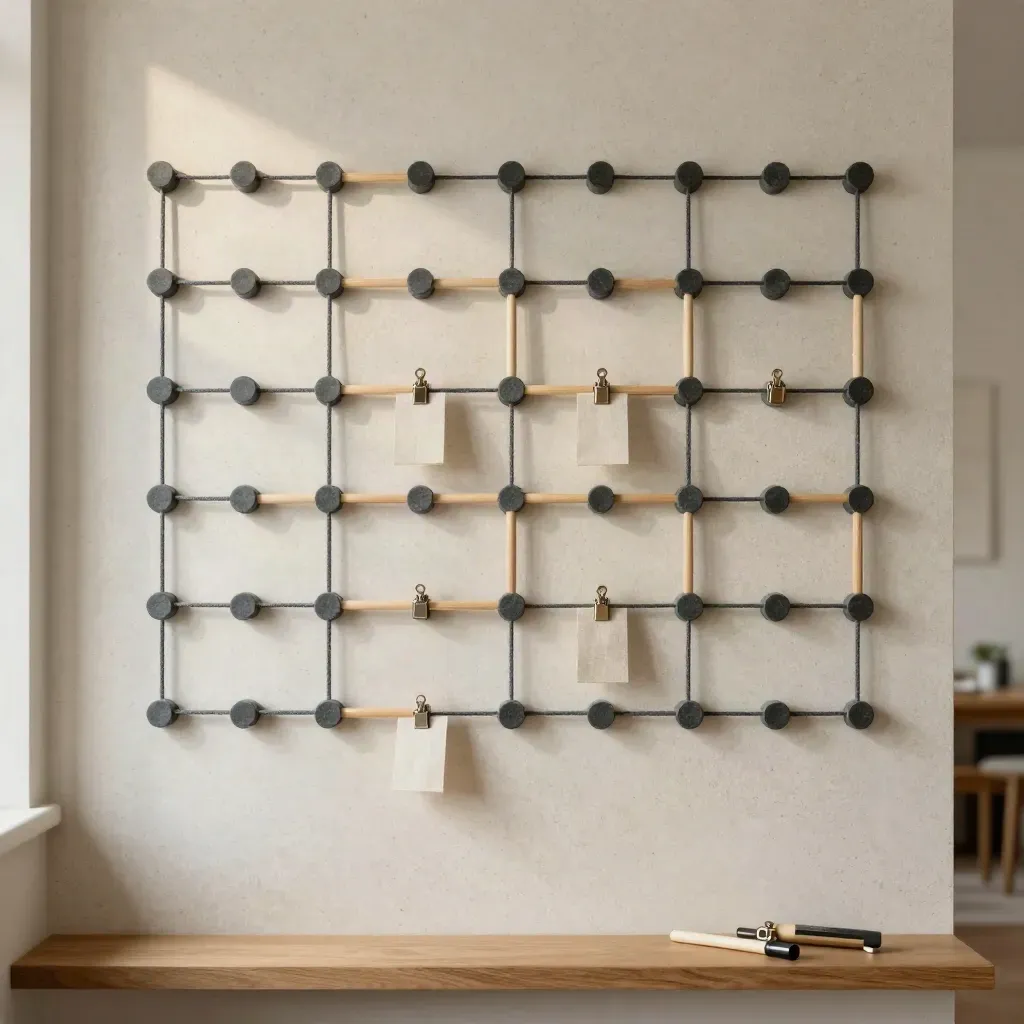 Workflow lattice of cord, pegs, and wooden markers on a travertine wall