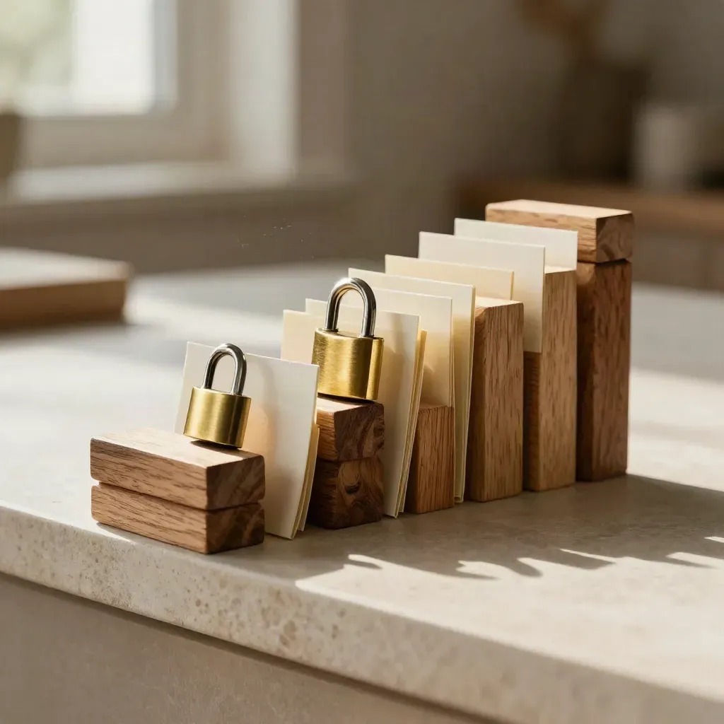 Wooden blocks, folded tabs and a brass token forming an action plan on a pale stone ledge.