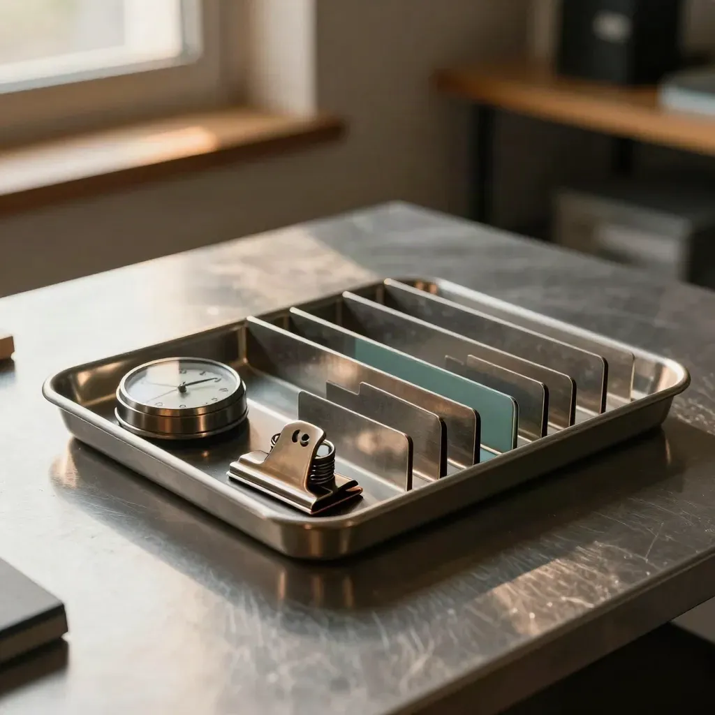 Brushed steel audit tray with divider tabs, timer, and metal clips in warm studio light
