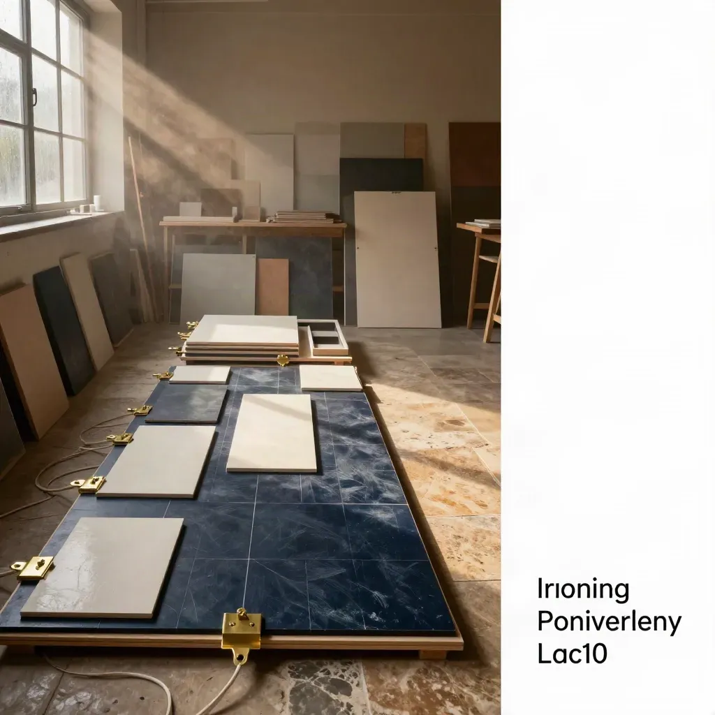 Moody studio process workshop installation of boards, clips, tiles and trays after rain.