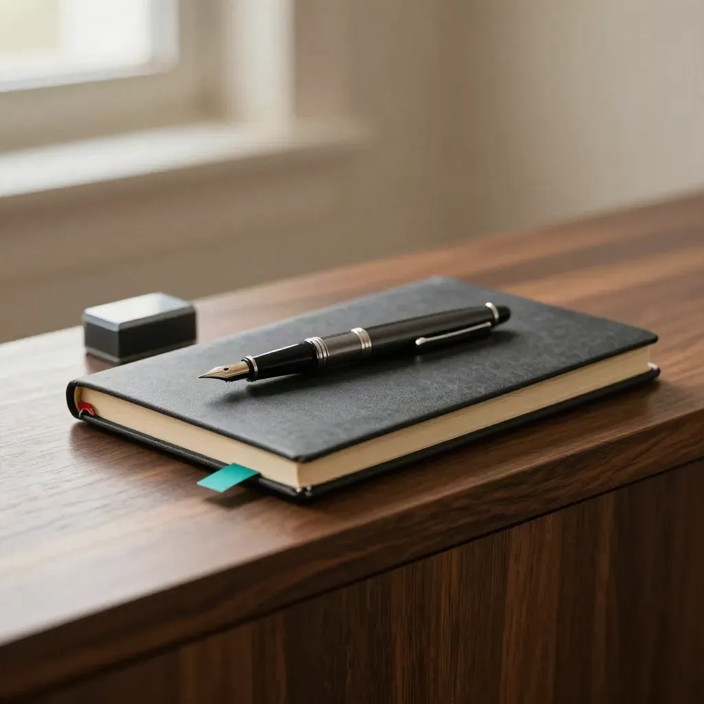 Founder coaching kit on dark walnut with notebook, pen, stone weight, and teal tabs.