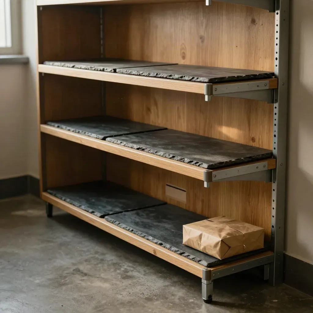Slate trays and a sealed parcel in a warm, orderly corridor shelf, with sunlit dust in the air.