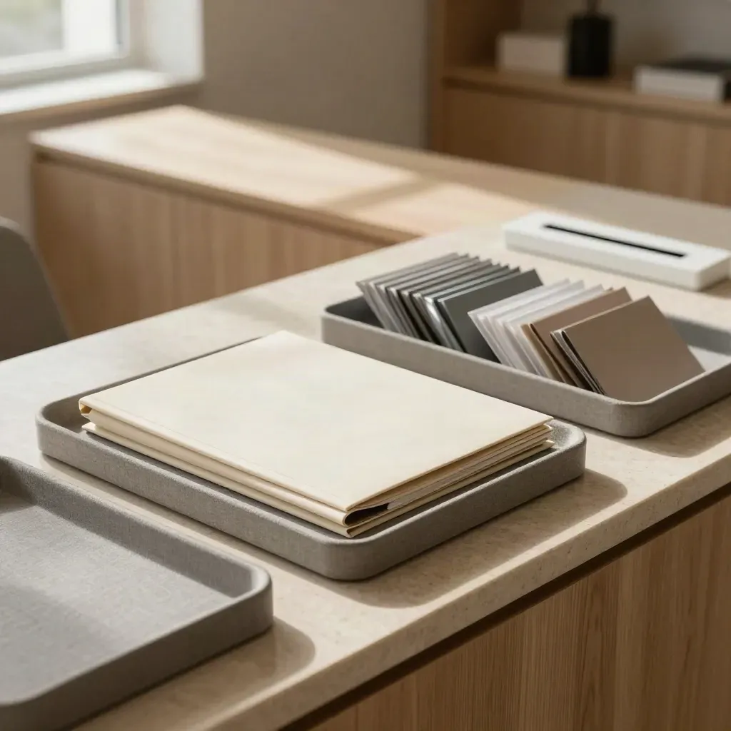 Organised intake trays, closed folder case and return slot in warm office light.