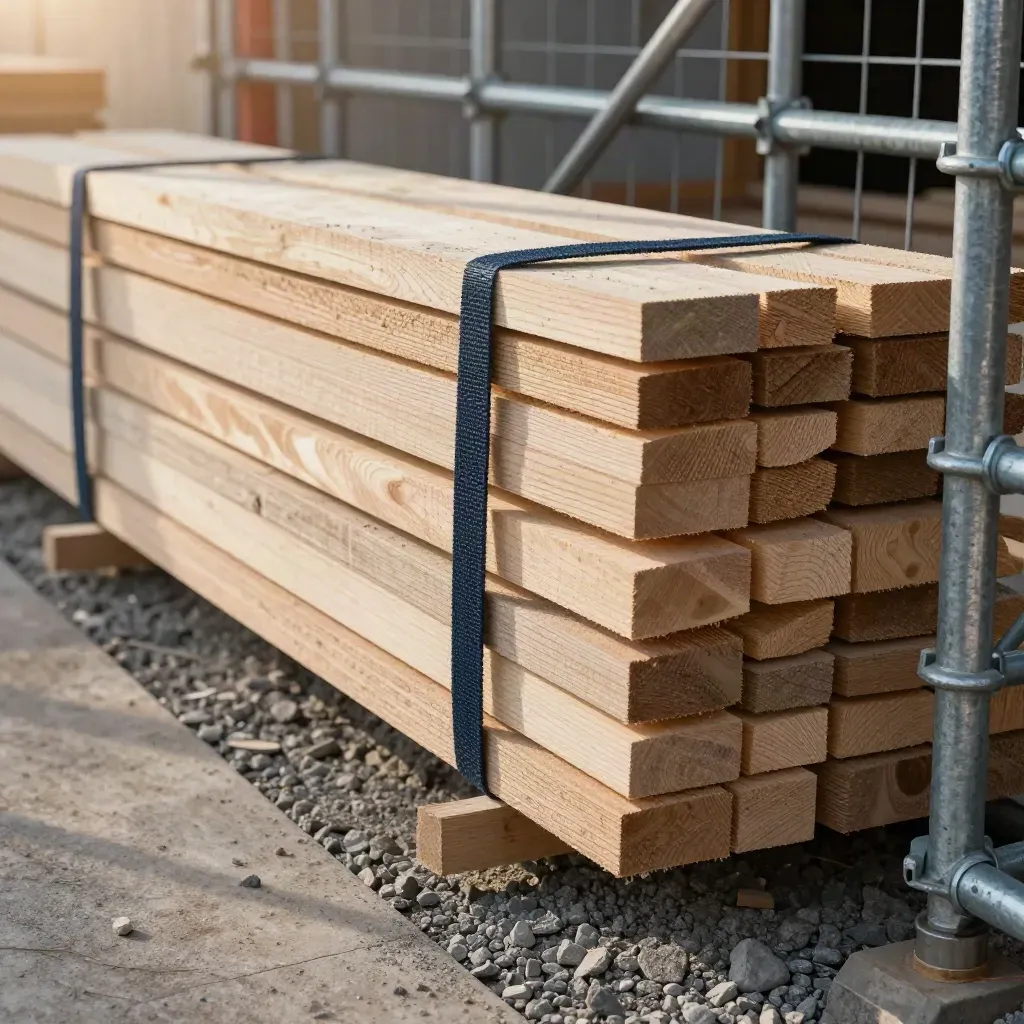 Macro of timber, scaffold tubes and fence mesh along a dusty site corridor