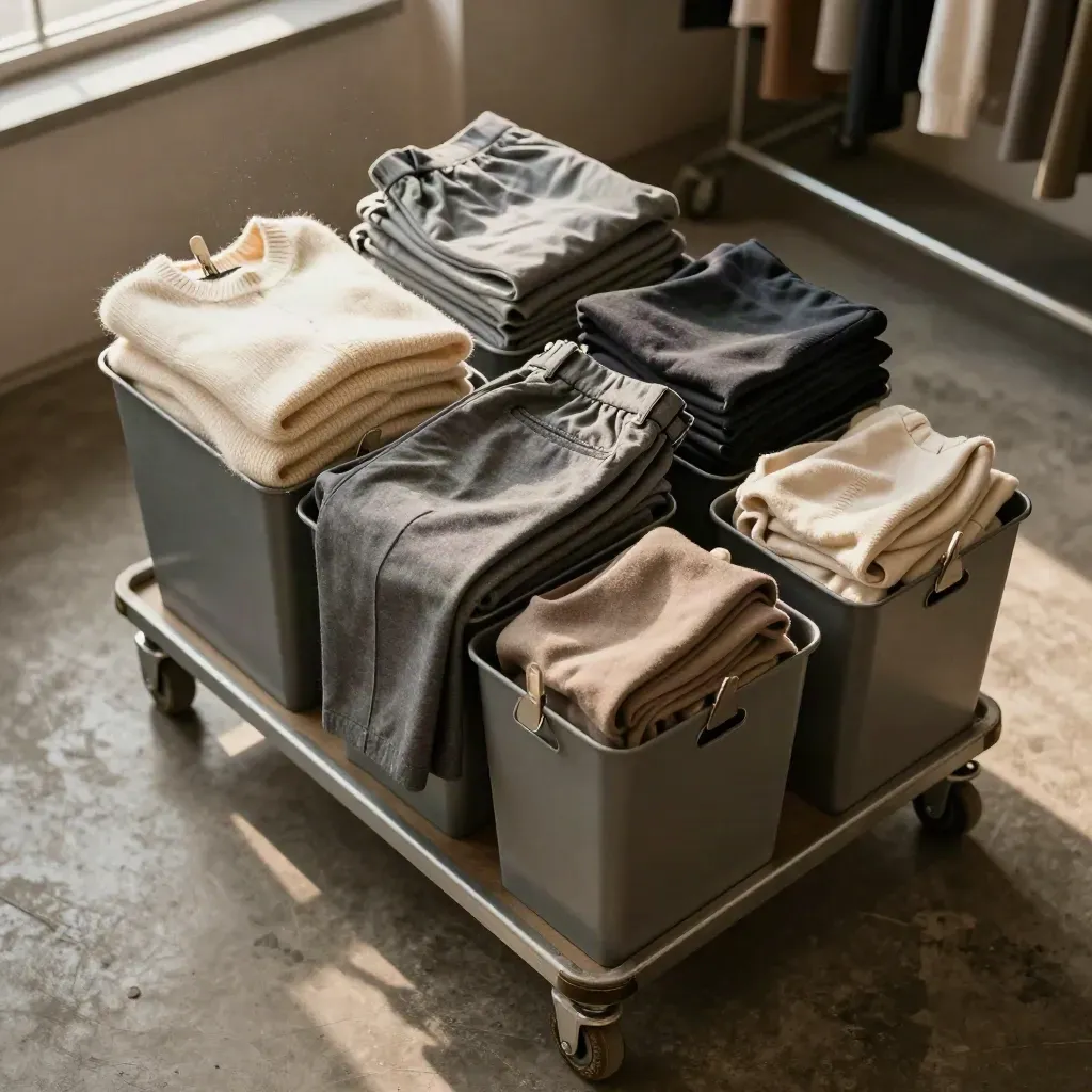 Top-down retail trolley with folded garments, clips and bins in a back-room sorting setup.