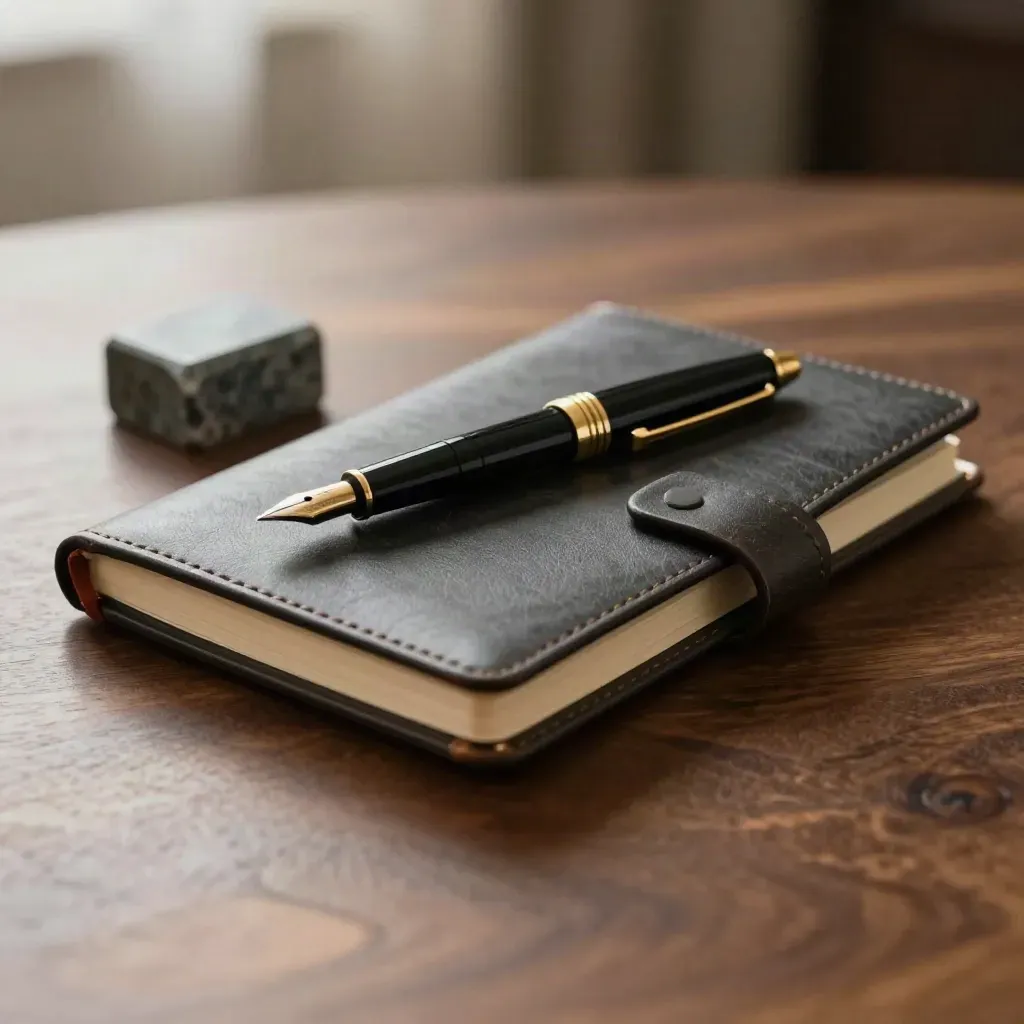 Leather notebook, brass clip, fountain pen and stone paperweight on dark walnut in dramatic studio light