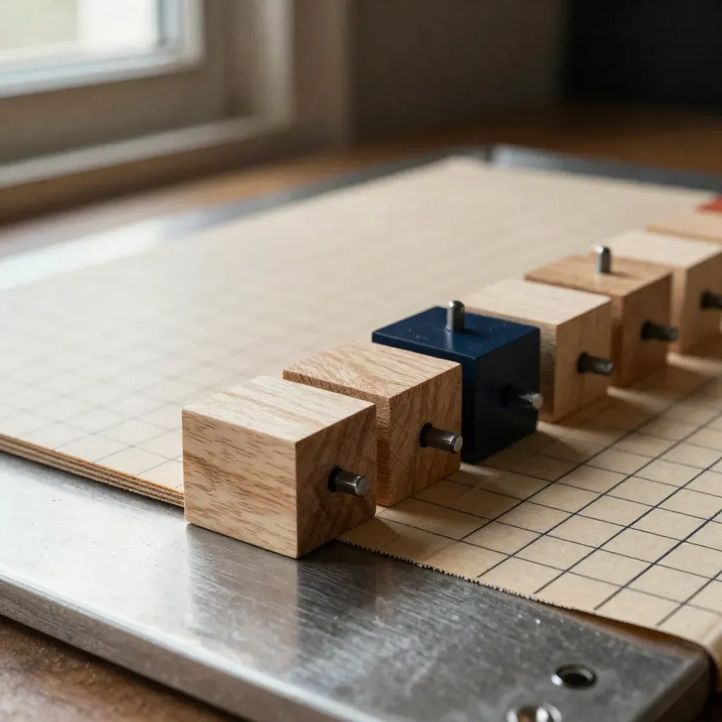 Macro of wooden process blocks, matte pins and folded grid board on brushed steel.