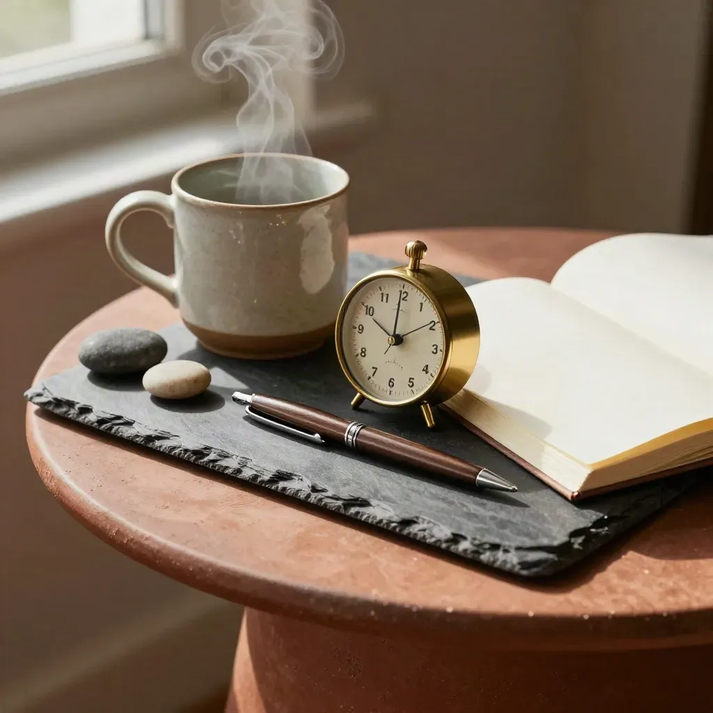Steam rising from a ceramic mug beside a timer, notebook, pen and stones on a terracotta side table