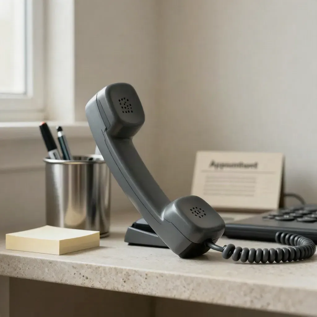 Overhead still life of a handset, pen cup, memo block and blurred call card on stone.