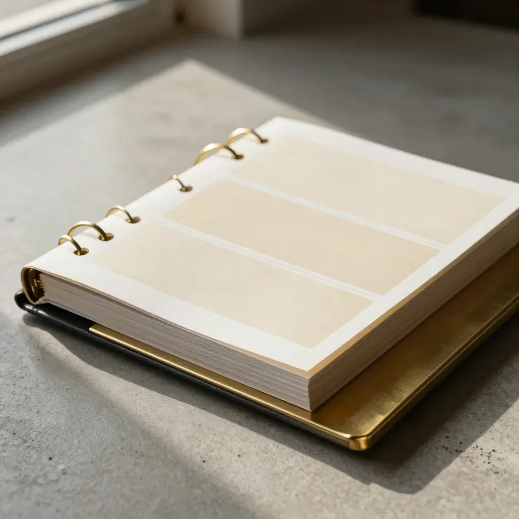 Overhead macro of a dark binder opening into brass dividers on concrete