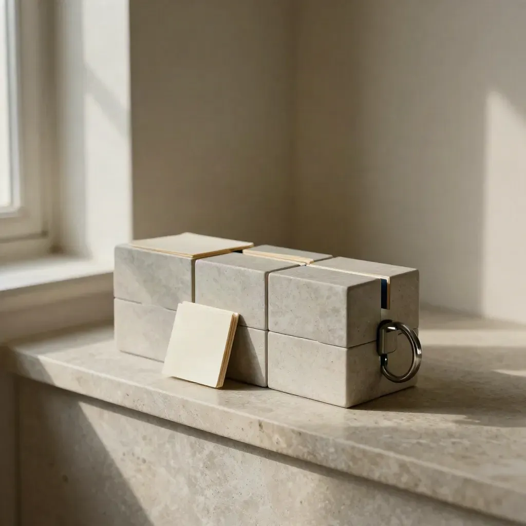 Wooden task blocks, foldout tabs, and a steel ring holder on a pale shelf.
