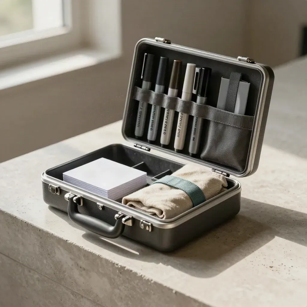 Training case, cue cards and capped markers on stone with soft daylight.