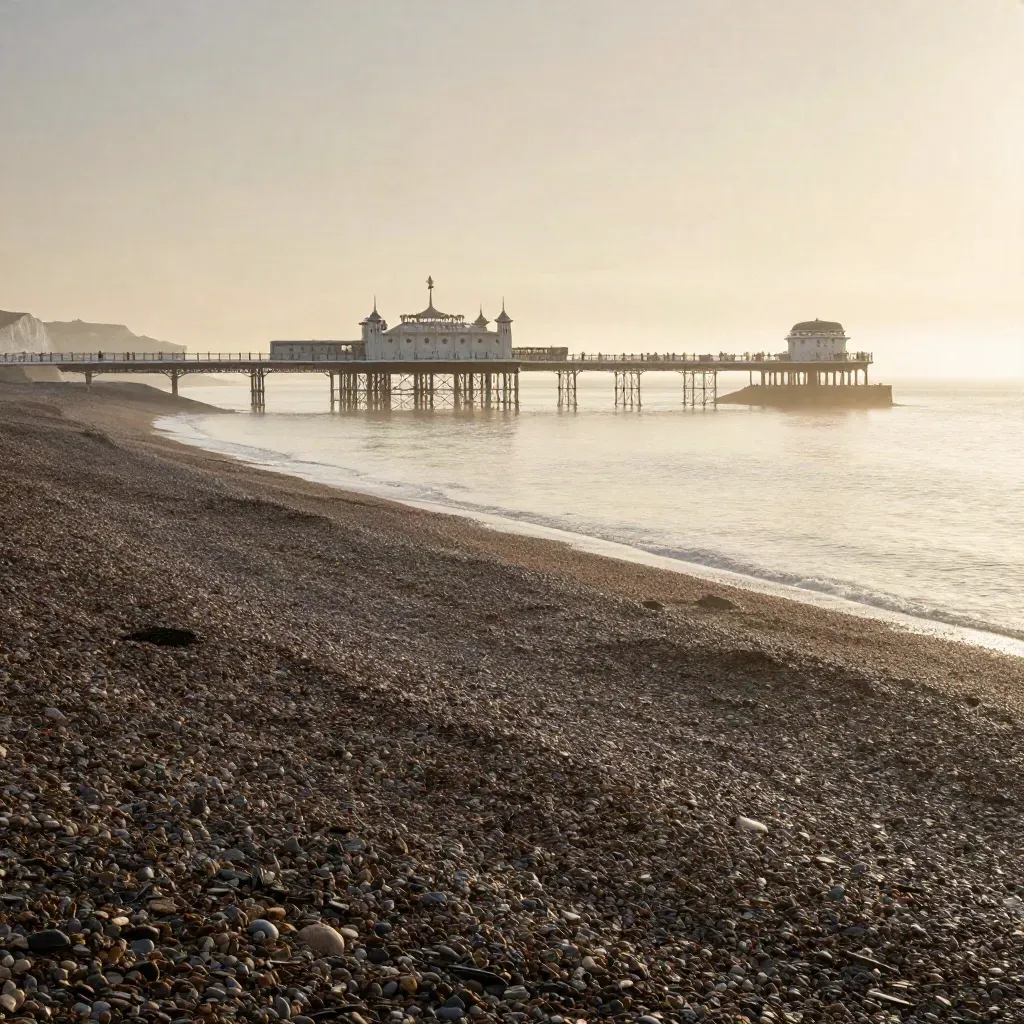 Silhouetted Brighton West Pier above misty shingle and chalk cliffs at sunrise