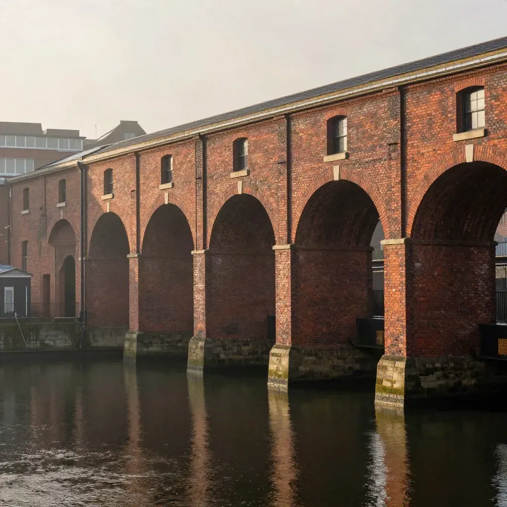 Birmingham canal viaducts and warehouse roofs above still water in soft post-rain haze