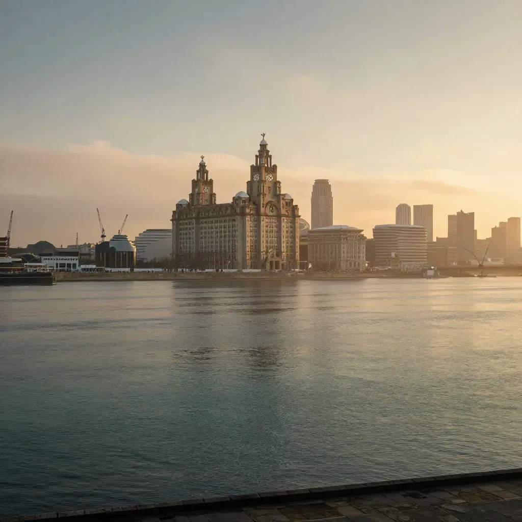 Liverpool waterfront at sunset with calm Mersey and hazy Pier Head skyline