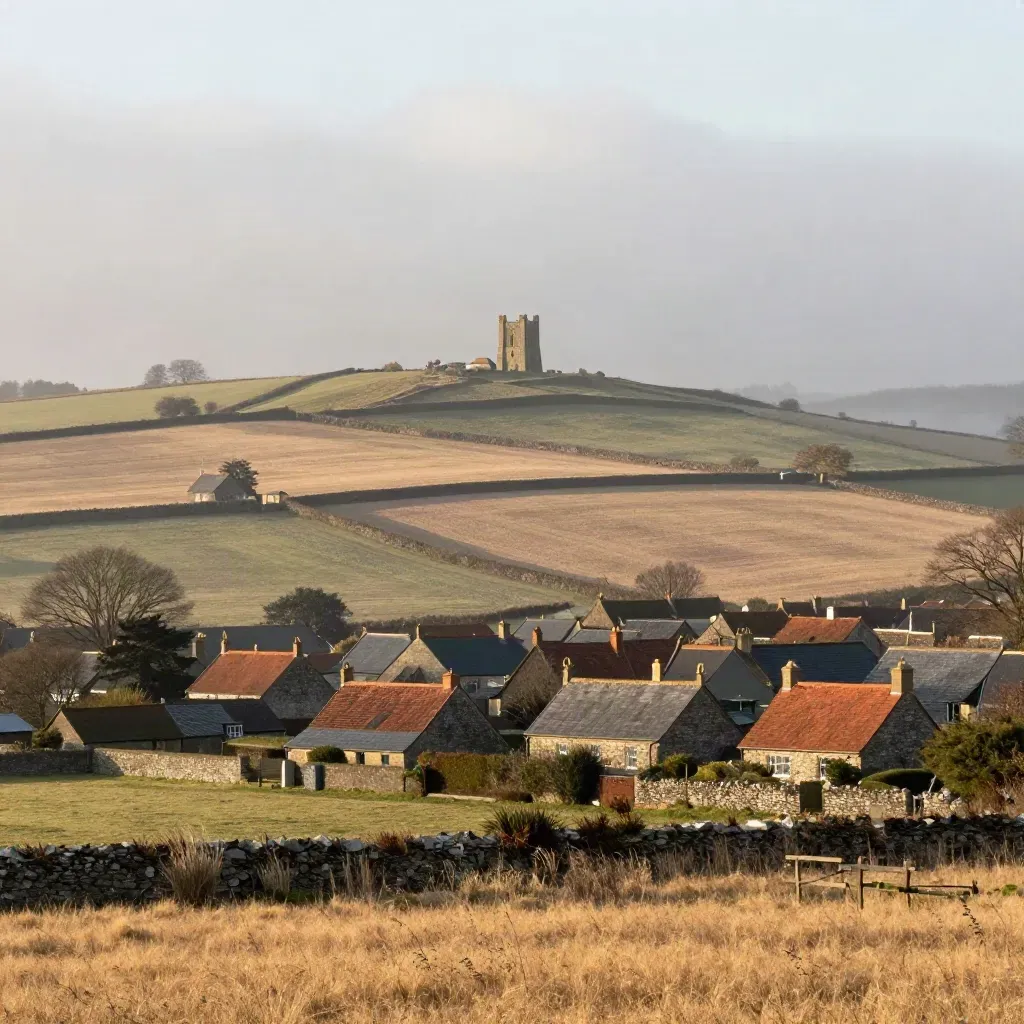 Misty UK fields, rooftops and a stone tower on a ridge at dawn with calm copy space.