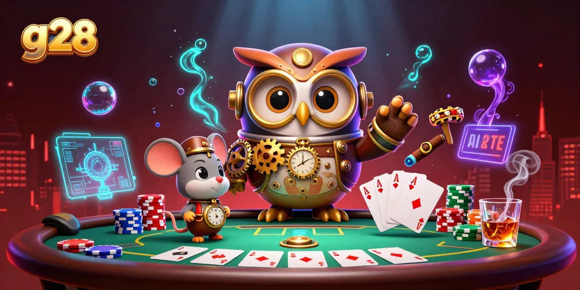 Experience thrilling gameplay in g28's vibrant casino scene, featuring an adventurous owl and dynamic poker elements.