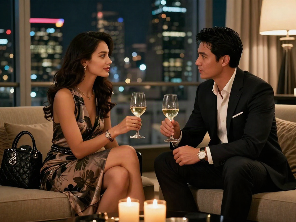 Antalya Eskort scene featuring an elegant woman and a gentleman in a luxurious hotel.