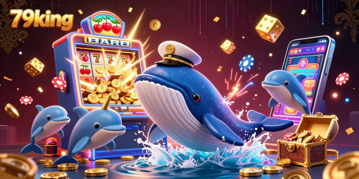 Win big with 79king in a vibrant 3D illustration showcasing a whale, narwhal, and dolphins amid slot machines and casino excitement.