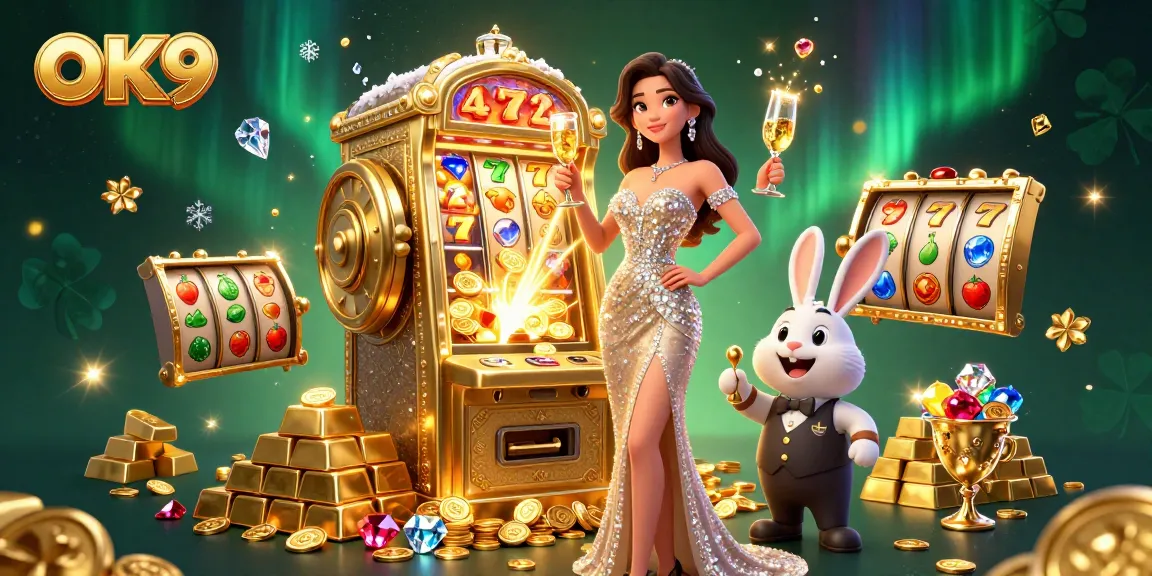 Win big with OK9 at a luxurious casino scene featuring a glamorous woman and croupier celebrating around a jackpot.
