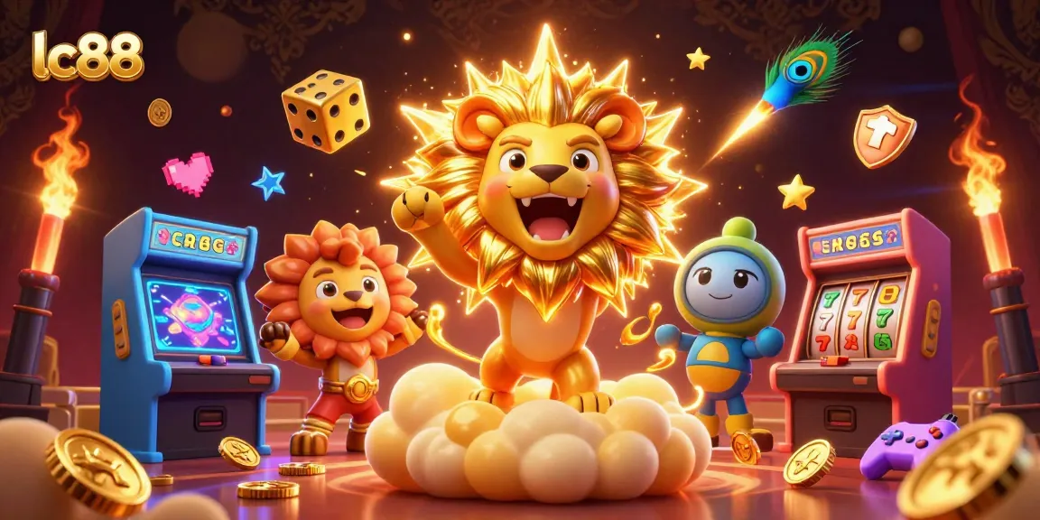 lc88 offers thrilling gaming experiences with vibrant 3D illustrations of slot machines and casino games.