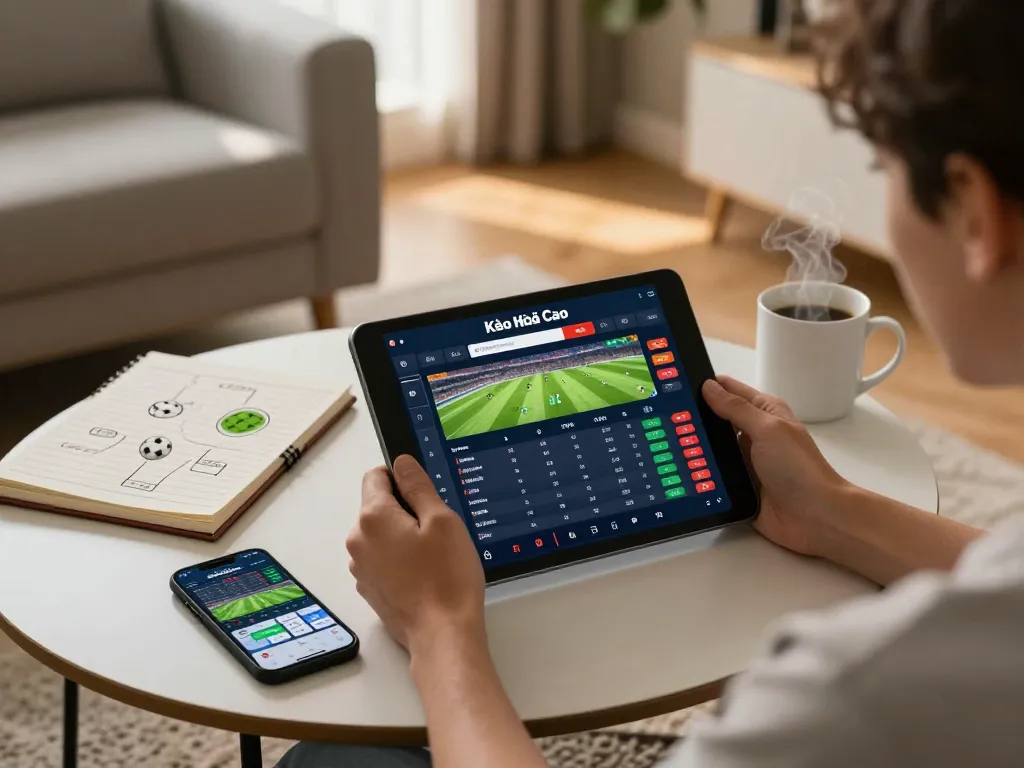 Kèo Nhà Cái interface displayed on tablet while strategically planning football bets from home.
