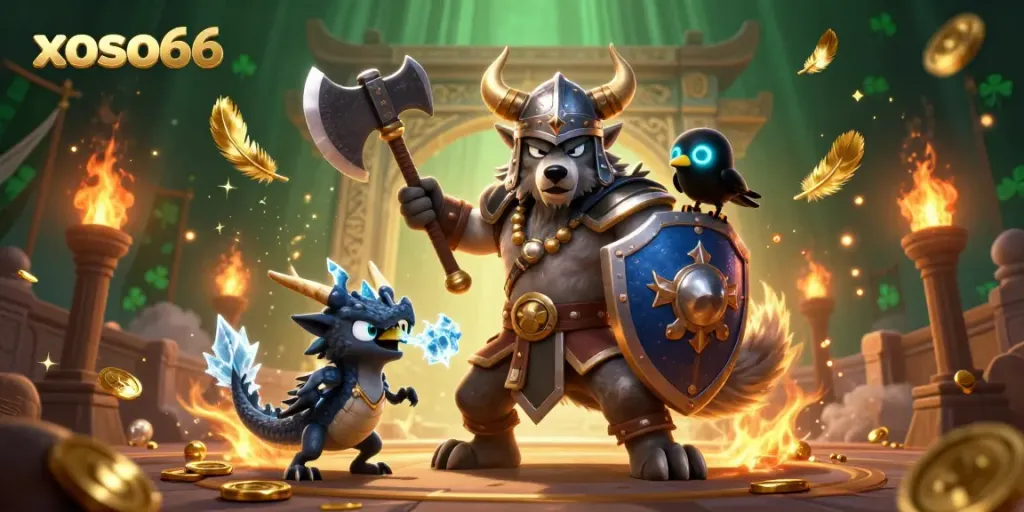 Experience the excitement of xoso66 with the Viking wolf warrior, dragon, and raven in a dynamic gambling scene.