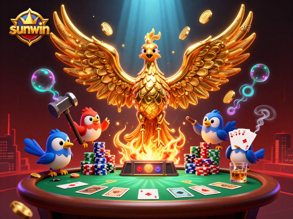 Experience thrilling wins with sunwin amidst golden phoenix and vibrant casino elements.