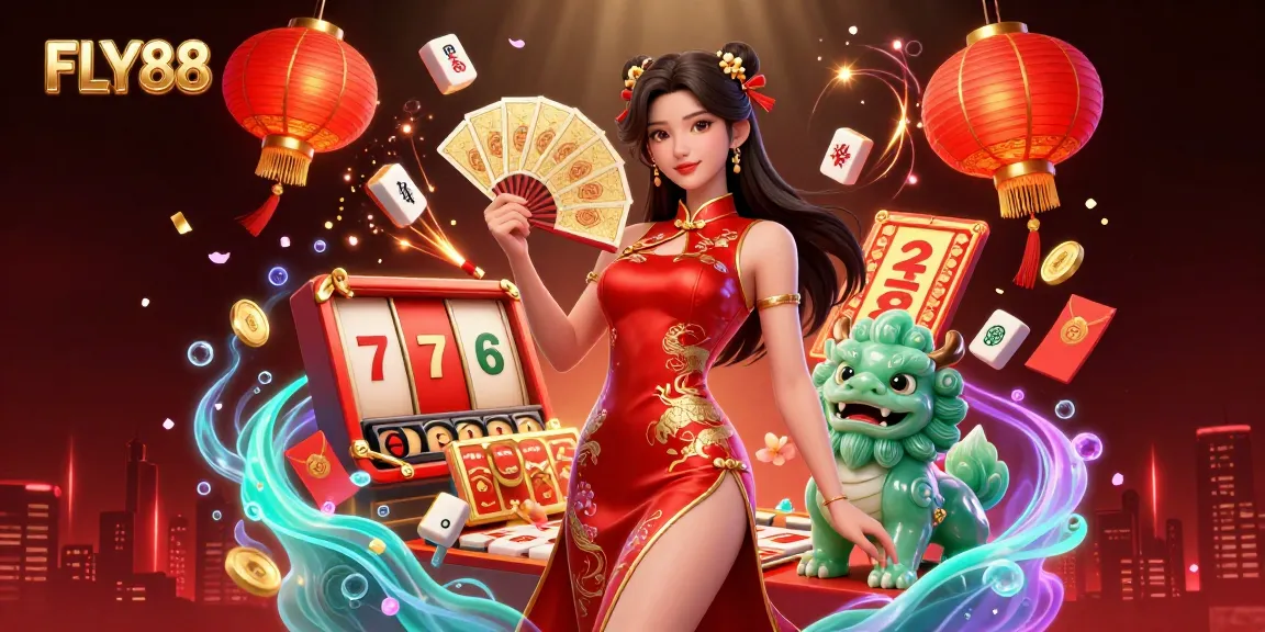FLY88 showcases a vibrant casino atmosphere with elegant characters, slot reels, and festive decorations.