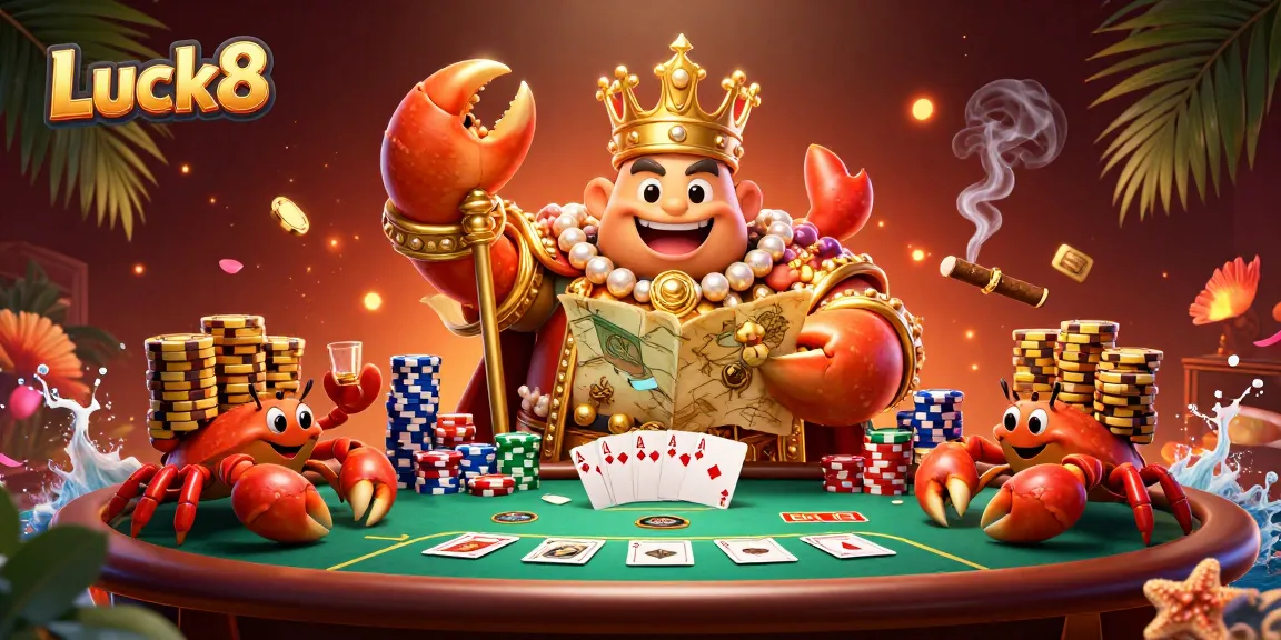 Play exciting games at Luck8, featuring a vibrant scene with a golden crab emperor and poker elements.