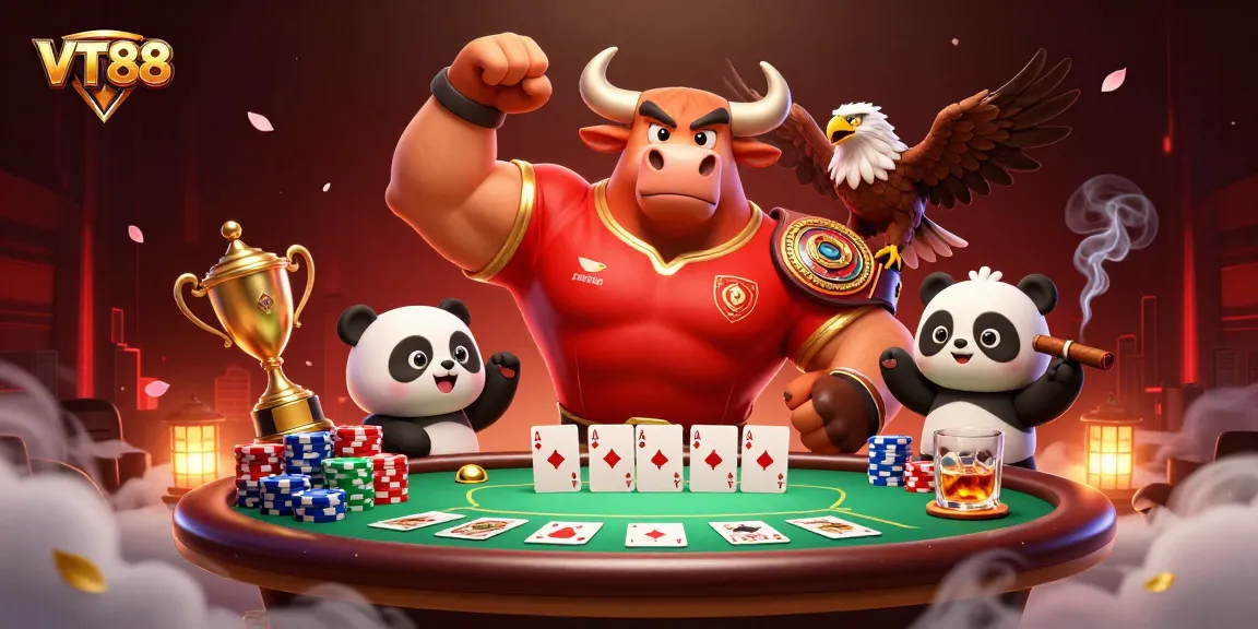 Experience thrilling VT88 gaming moments with a jubilant bull mascot and engaging casino elements.