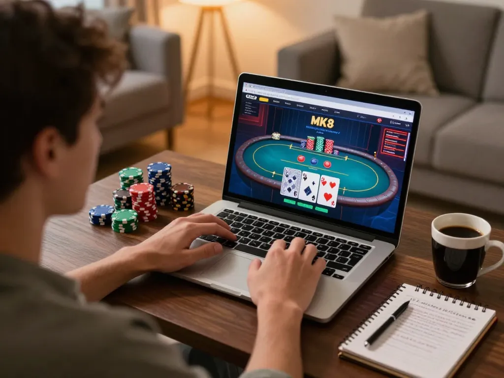 Player engaged in an MK8 online poker game with colorful chips and strategic notes.
