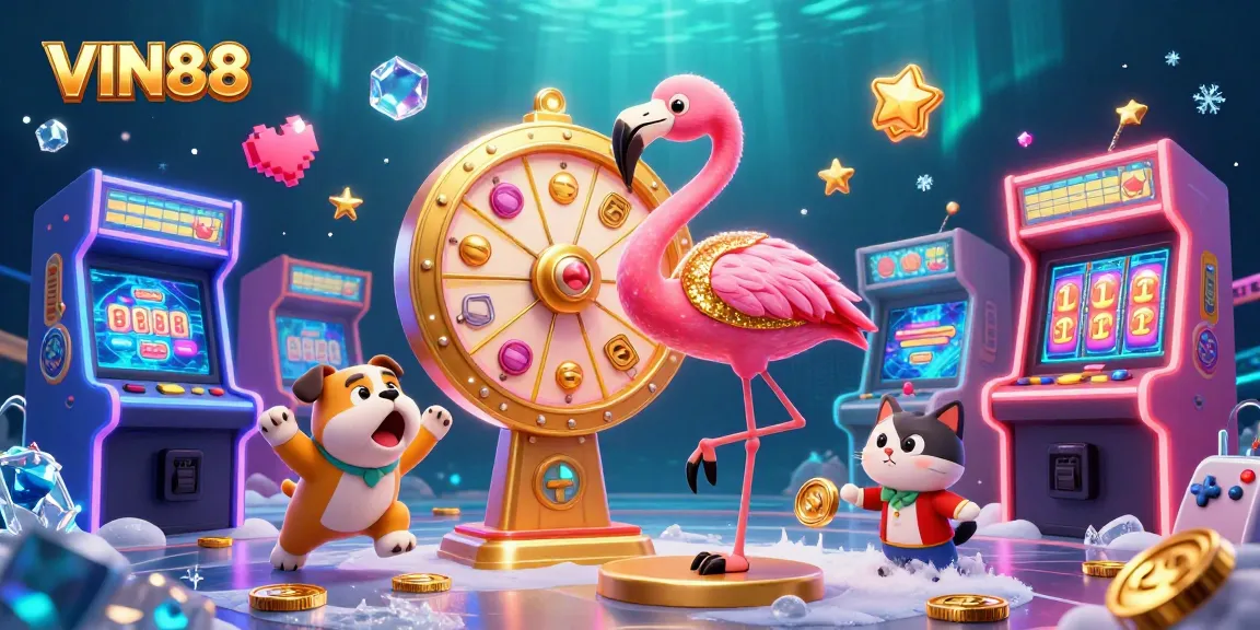 Experience thrilling gameplay with VIN88, showcasing vibrant casino elements and lively characters.