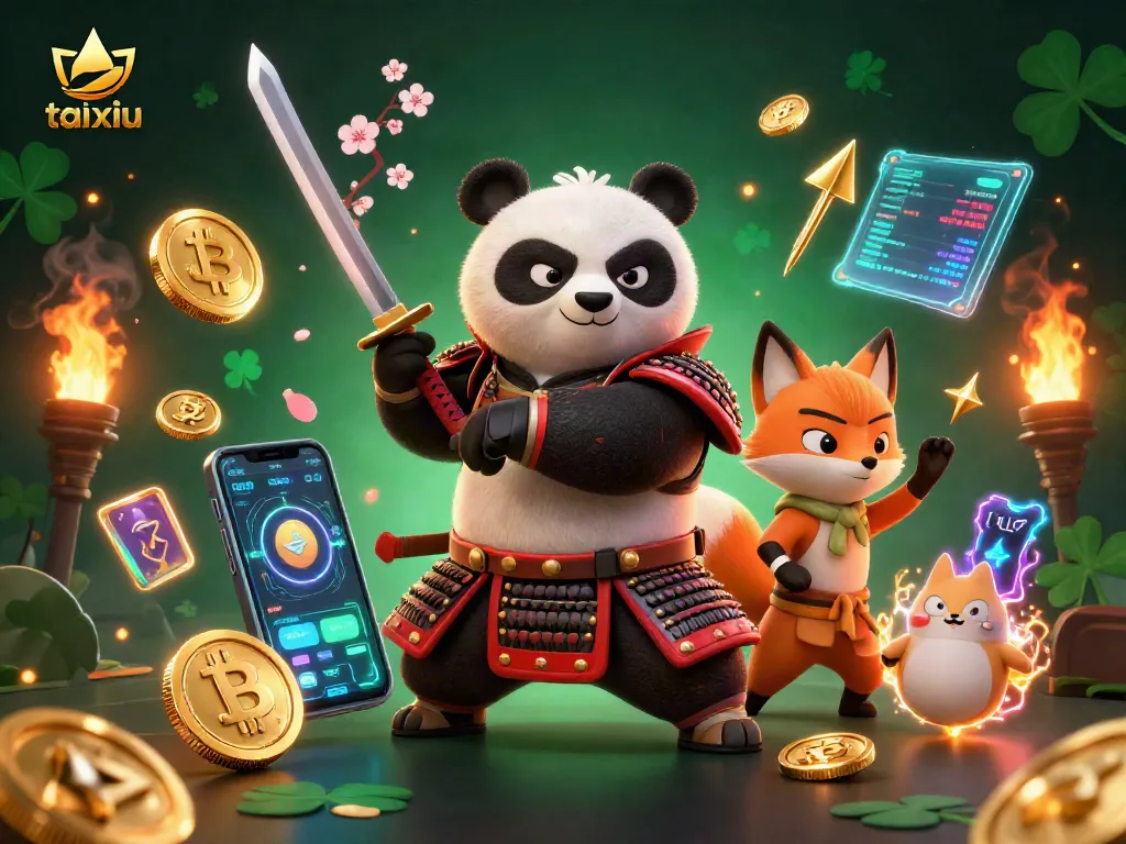 Experience thrilling taixiu action with a dynamic samurai panda and ninja fox in a casino setting.