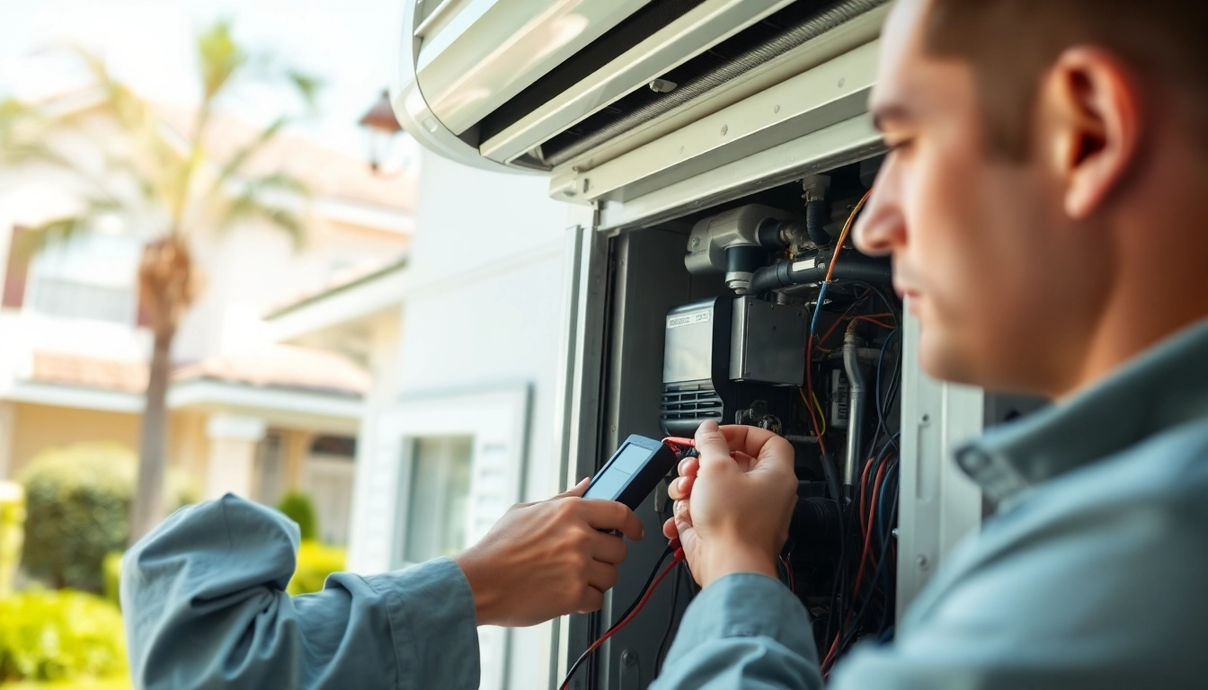 AC Repair Tampa expert examining AC unit with tools in a residential setting.