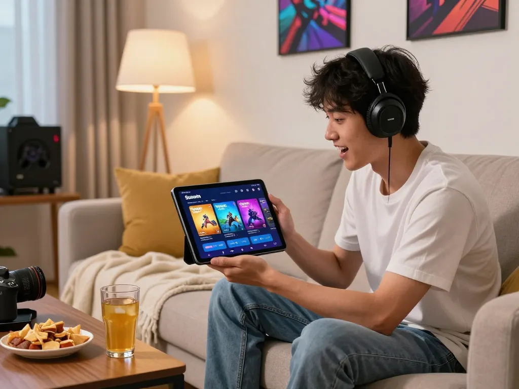 Engaging scene showing a user tải sunwin app on a tablet in a cozy gaming setup.