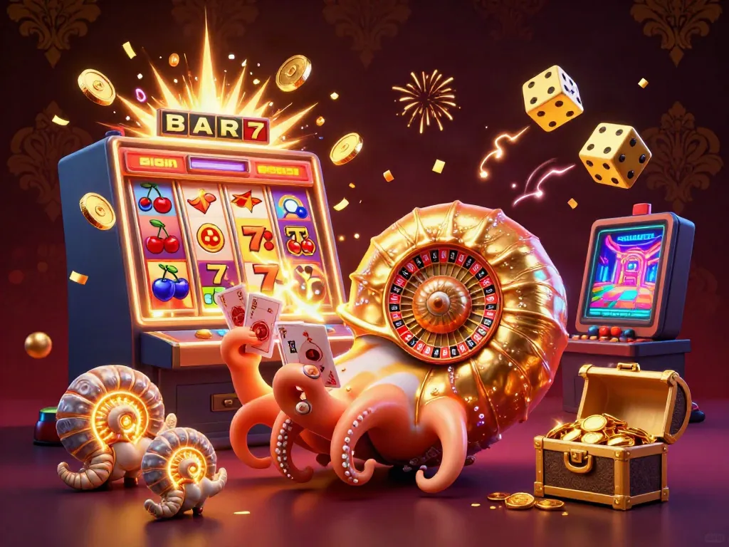 Experience the excitement of ML88 with a vibrant 3D illustration of a giant nautilus as a roulette wheel, cards, and slot machines.