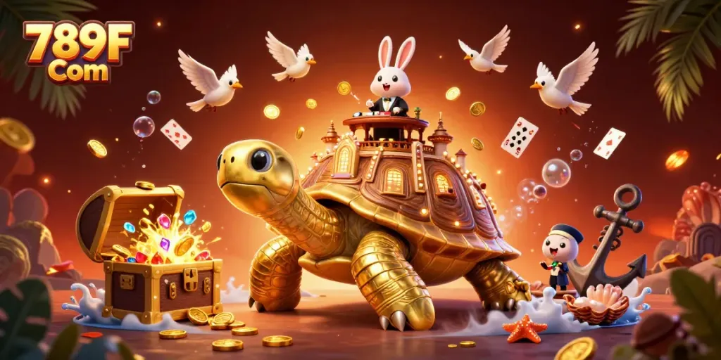 Experience the thrill of 789F Com with our vibrant casino illustration featuring golden tortoise and rabbit dealer.