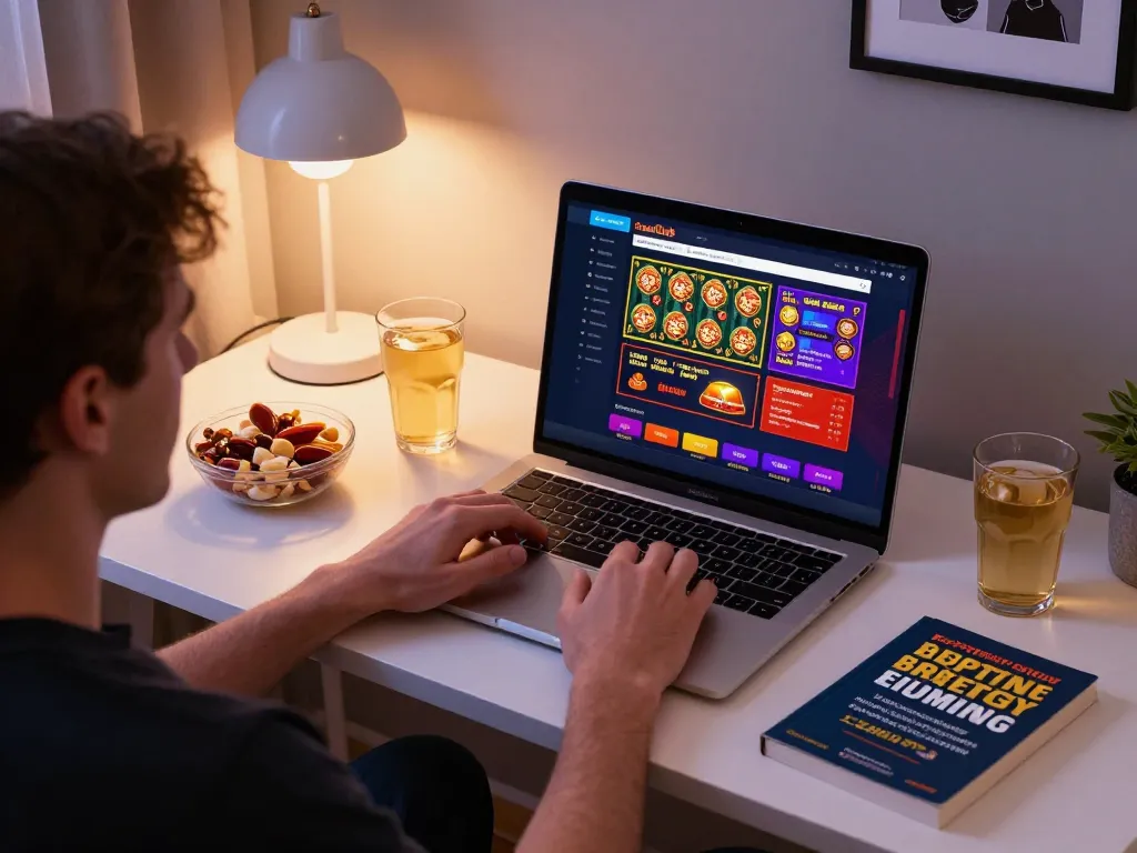 Engaging in online gaming at SumClub, showcasing a strategic player setup with laptop and betting books