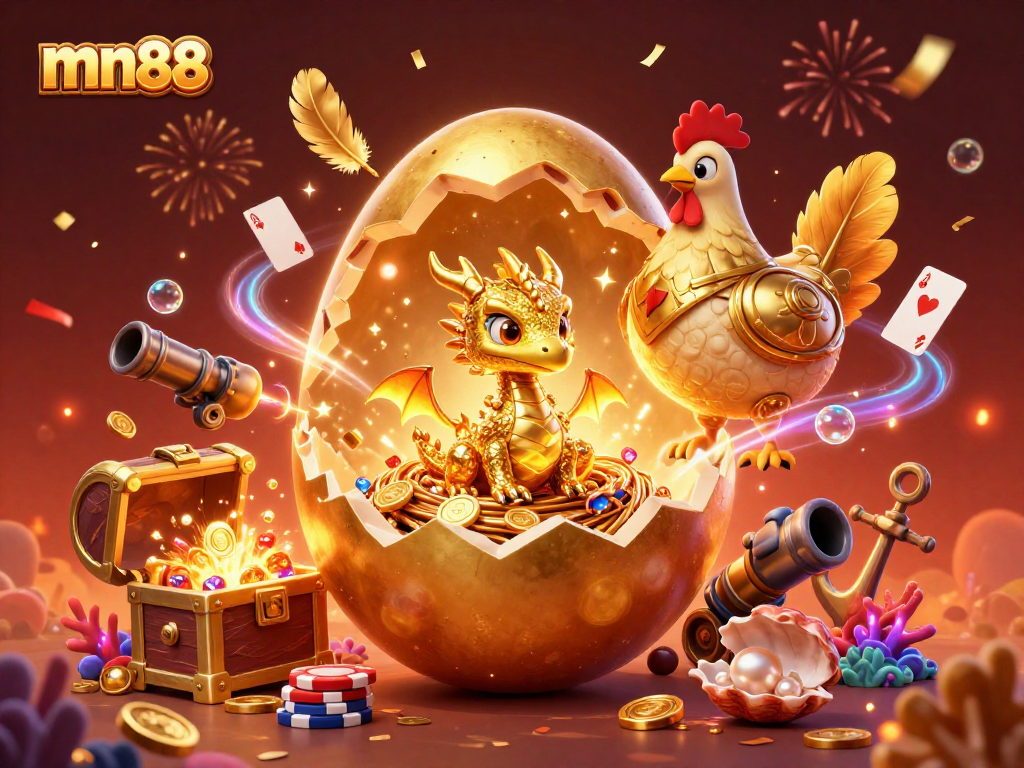 Win big with mn88 as a golden dragon emerges from a treasure-filled casino scene.