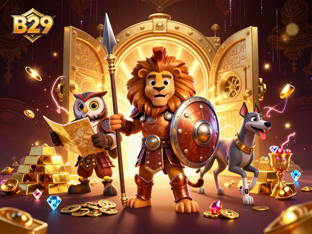 B29 unearths treasures with a Spartan lion, owl strategist, and swift messenger in a casino adventure.