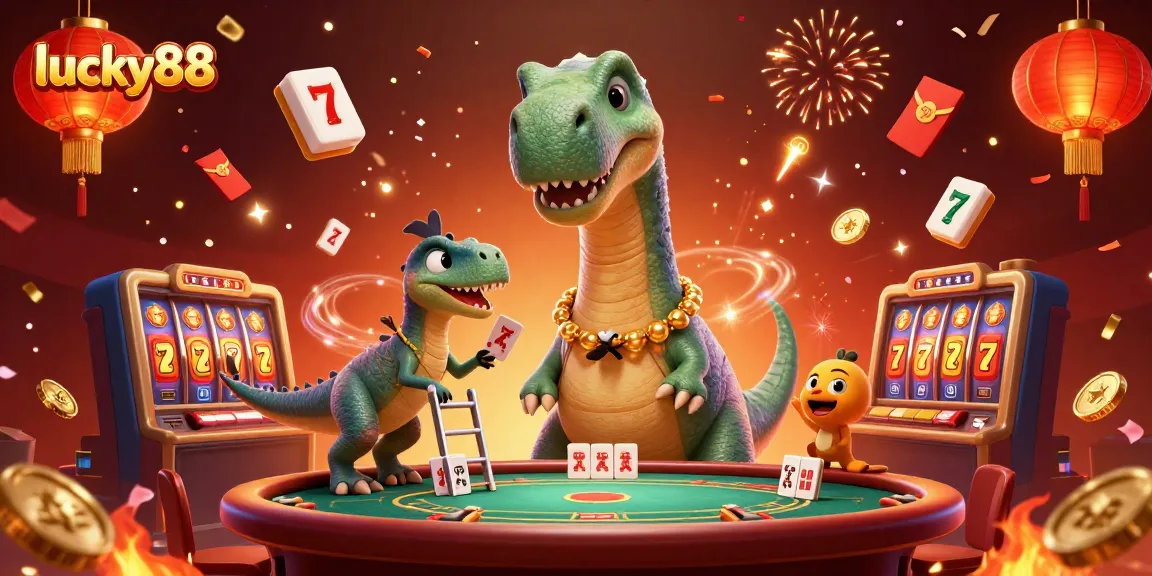 Experience fun at lucky88's dynamic casino with an enormous cartoon brontosaurus and clever raptor dealer.