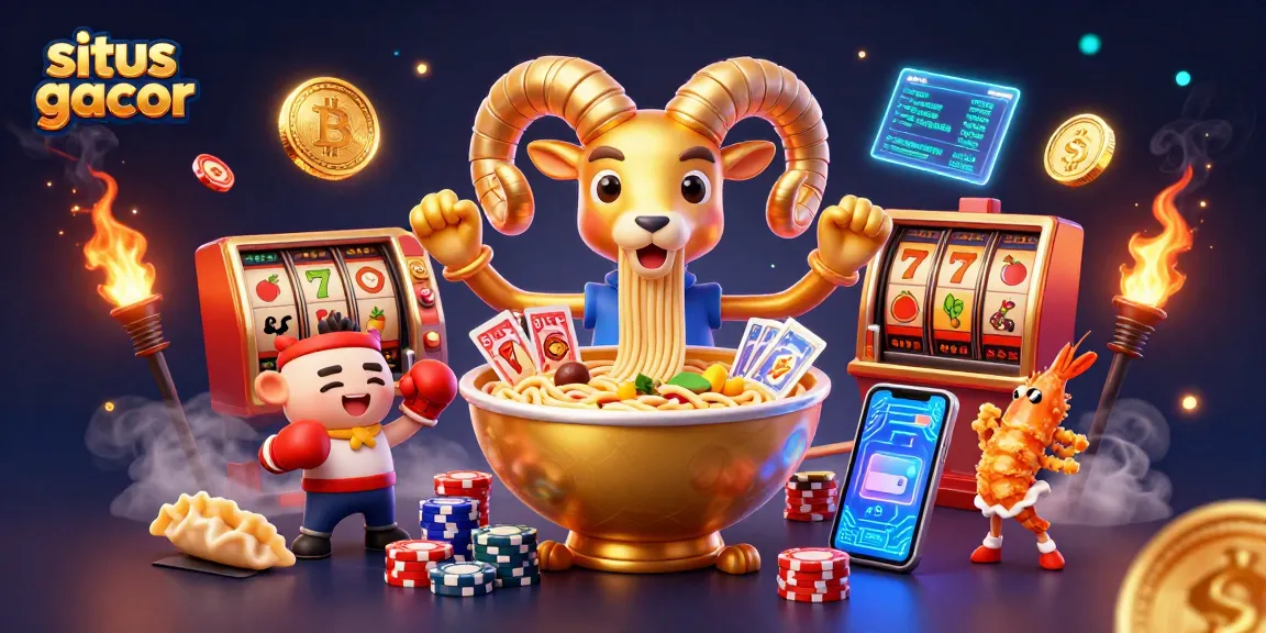 Situs gacor showcases vibrant casino action with a golden ramen bowl dealer, exciting slot elements, and cryptocurrency coins